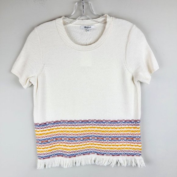 Madewell Tops - Madewell Cotton Blend Colorful V Neck Short Sleeve Fringe Hem Cropped Top Size S